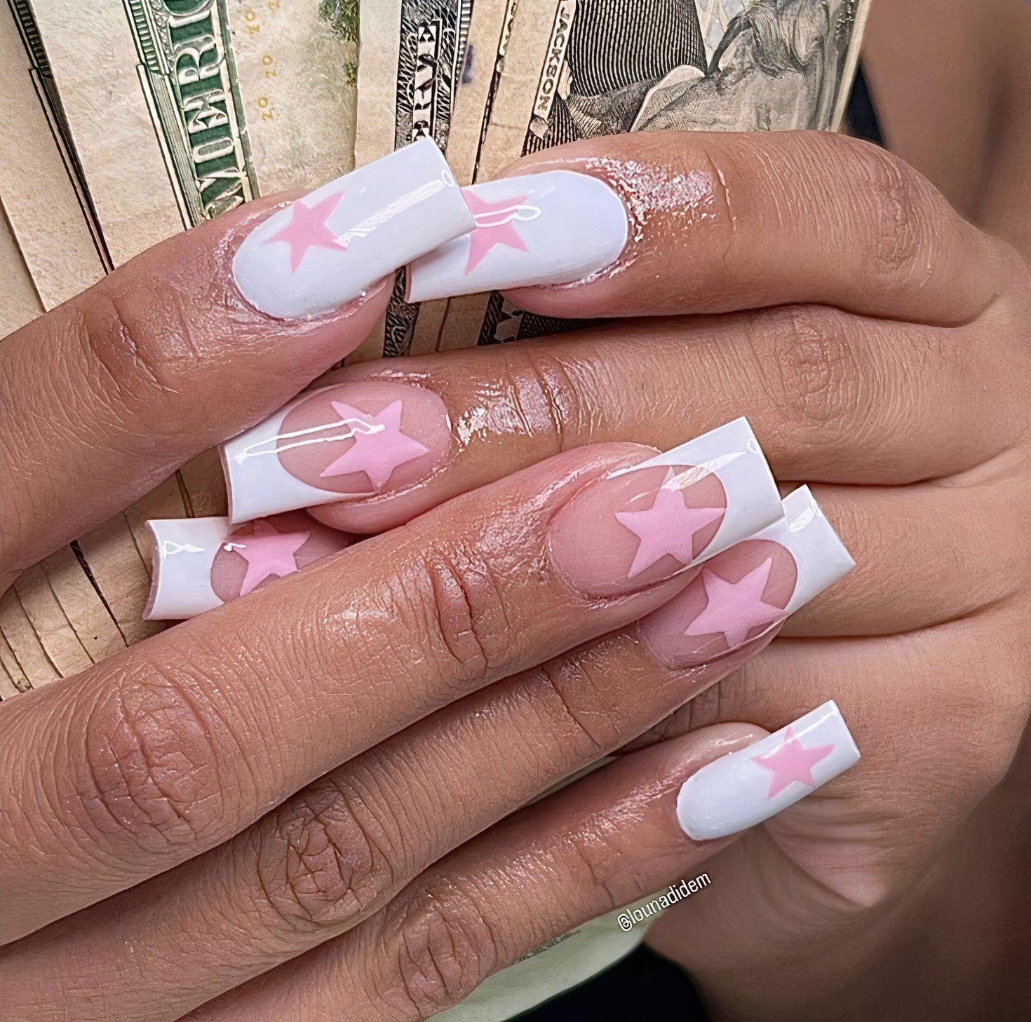Luca Pink Stars White French Tip Nails