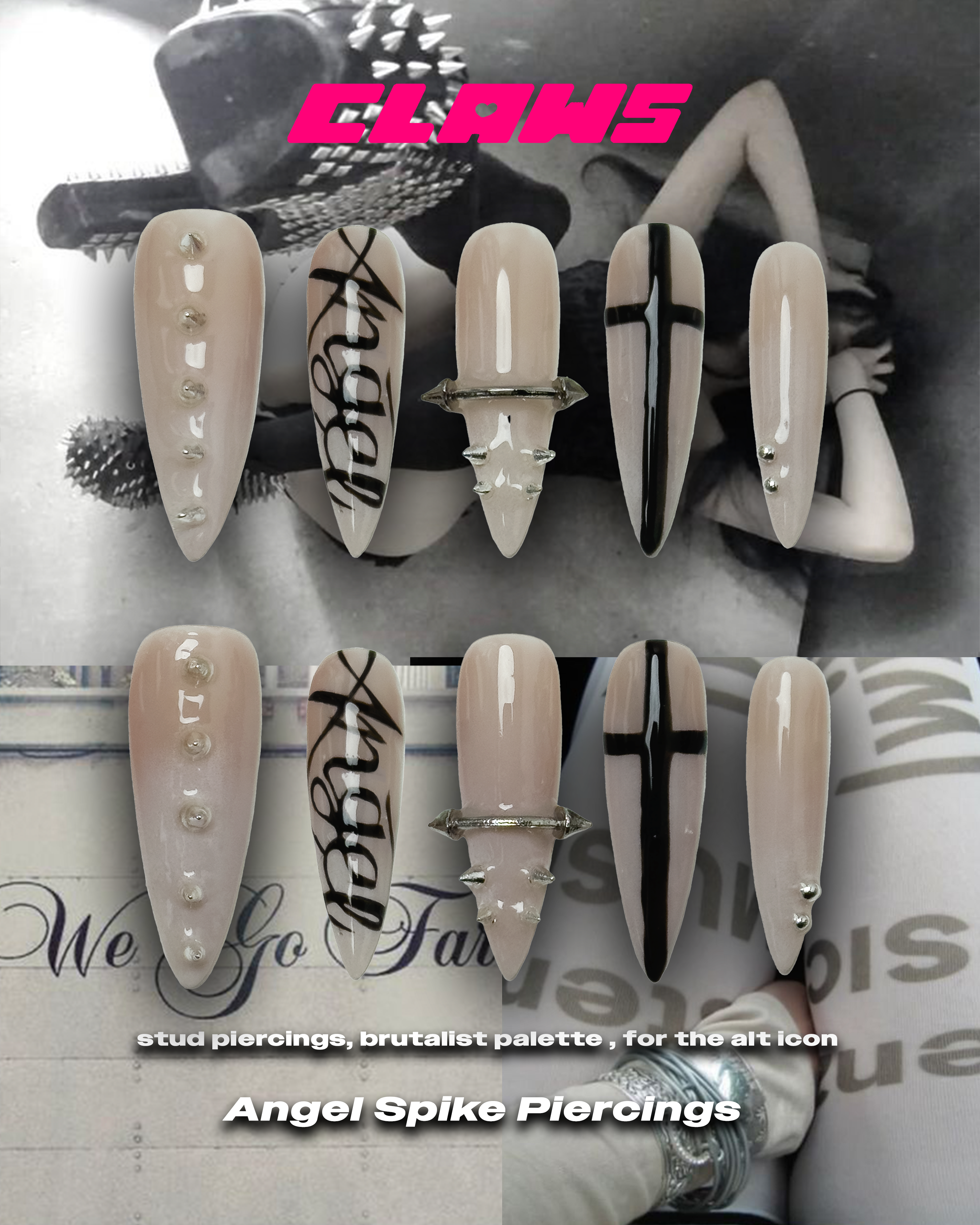 Diva press on nails for alt fashion with silver chrome studs, black gothic typography, and cross motifs. Features brutalist nail art with edgy vibe